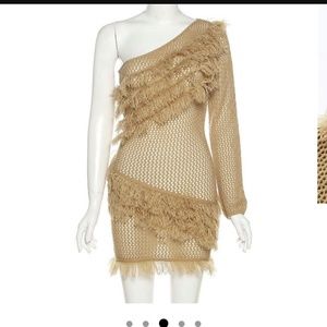 One Shoulder Fringe Textured Knit Dress